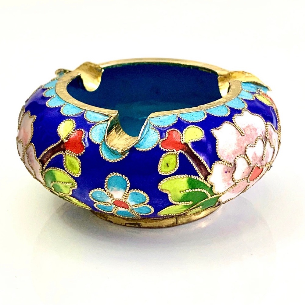 Vintage China Bronze Cloisonne Enamel Flower Dynasty Palace Regis Ashtray - Picture 8 of 12
